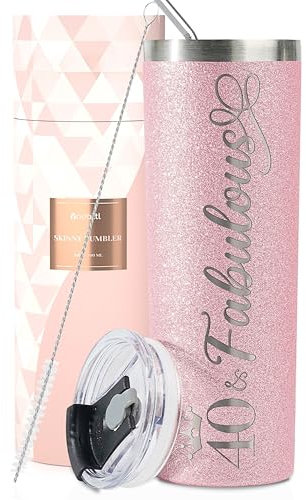Onebttl 40th Birthday Gifts for Women, Female, Her - 40 and Fabulous - 20oz/590ml Stainless Steel Insulated Glitter Tumbler, Glitter Rose Gold
