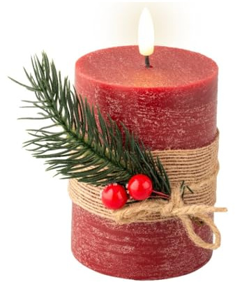 Lumineo LED Kerze mit Timerfunktion 7,5x13cm Wachs - flackernde Flamme Effekt - Echtwachskerze batteriebetrieben - Weihnachtskerze Rustik Bordeaux Warmweiß
