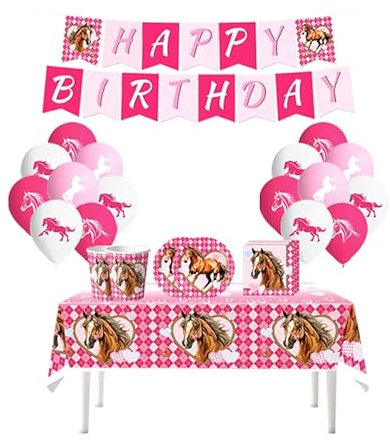 Damoff Horse Birthday Decorations: Racing Horse Party Supplies - Pink Animal Print Tableware & Balloons