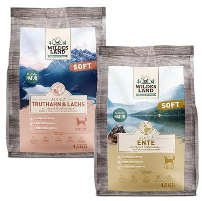 Wildes Land Soft Adult 2 x 1,5kg | Multipack mit 1x Truthahn & Lachs & 1x Ente | Mit Wildkräutern und Ölen | Glutenfrei & leicht verdaulich | Weiche Kroketten