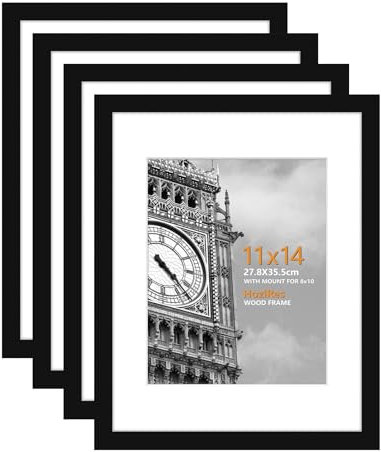 HoziRes 14 x 11 Inch Picture Frame, 100% Solid Wood Black Photo Frames with Plexiglass Front for Tabletop and Wall Mounting, Set of 4 11 x 14 Inch Poster Frames with Mat for 8 x 10 inch Printing