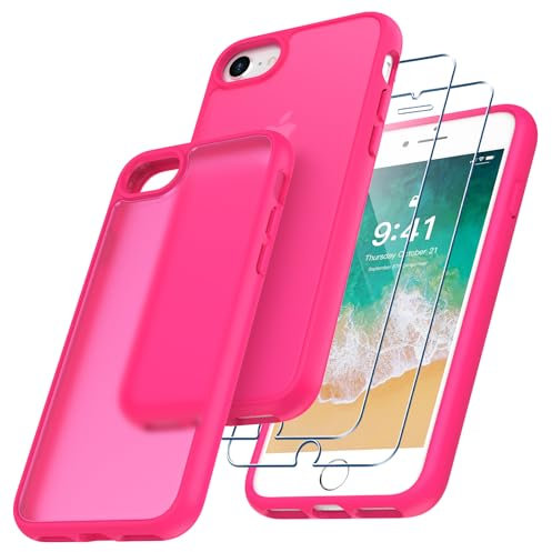 Niphabe Cover compatibile con iPhone SE 2022/2020/7/8 con 2 vetro temperato, anti-ingiallimento duro PC custodia anti-graffio protezione antiurto con paraurti TPU Case 4,7 -Rosa vivo