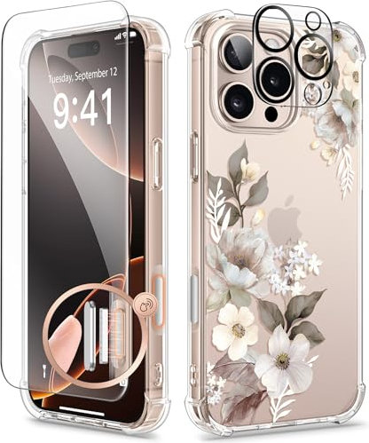 GVIEWIN Compatible with iPhone 16 Pro Case 2024,[Camera Control Button] with Screen &Camera Lens Protectors Clear Shockproof Drop Protection Anti-scratch Floral Cover for Women Girl,Delphinium/Grey