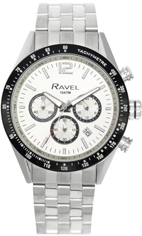Ravel Pro - Runde Edelstahl-Chronographenuhr mit Datum - 100m Wasserdicht - Japanischer Analogquarz - RPR-004MB - Edelstahlarmband/Silberes Zifferblatt