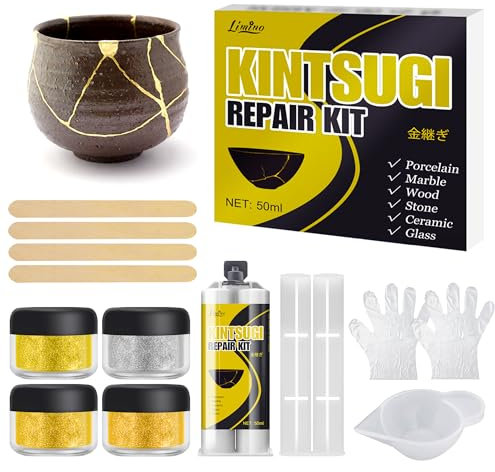 Kintsugi Repair Kit - Gold Kintsugi Glue for Pottery and Porcelain Repair, Dishwasher Food Safe, Bio Based Ceramic Repair Resin for Bowls, Plates, Vases, Jades, Meaningful Presents for DIY Enthusiasts