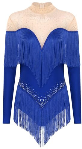 TiaoBug Damen Langarm Gymnastikanzug Rollkragen Turnanzug Mesh Spleiß Tanz-Body Ballett Trikot mit Glitzer Fransen Eiskunstlauf Leotard Blau L