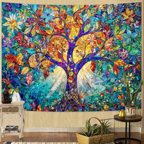 Lunerfex Baum des Lebens, Wandteppich, Buntglas-Tapisserie, Wanddekoration, Wandteppich für Schlafzimmer, Wohnzimmer, Glas-Tree-02, 178 x 228,6 cm