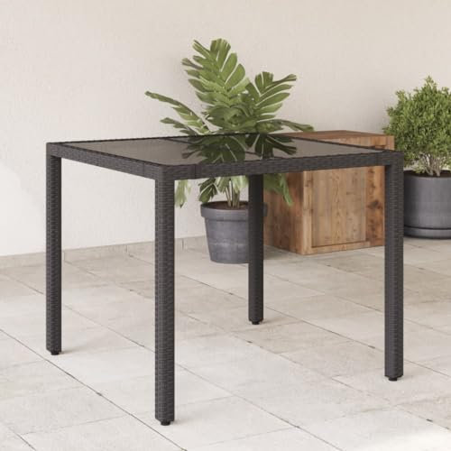 Homvdxl Gartentisch in Rattan-Optik mit Glasplatte (2 Paneele), 90 x 90 cm, wetterfest, Outdoor-Bistro-Esstisch mit Metall- und PE-Rattan-Beinen (schwarz)