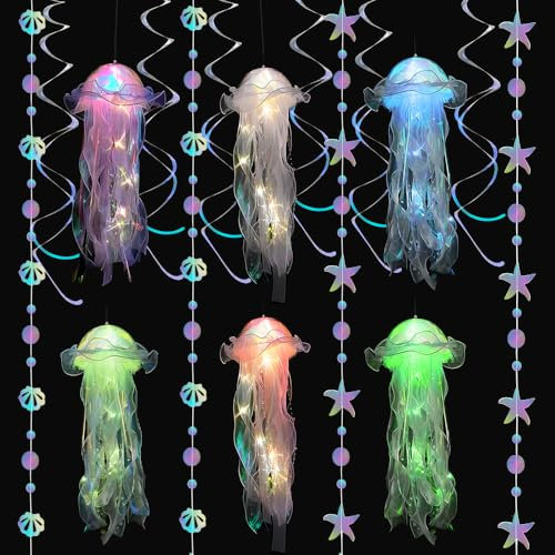 Hojalis Luce medusa, 6 lanterne da appendere a meduse con 6 stelle filanti a doppio vortice, 12 ganci adesivi e 2 ghirlande, decorazione creativa di meduse per feste a tema oceano, cortile, paesaggio
