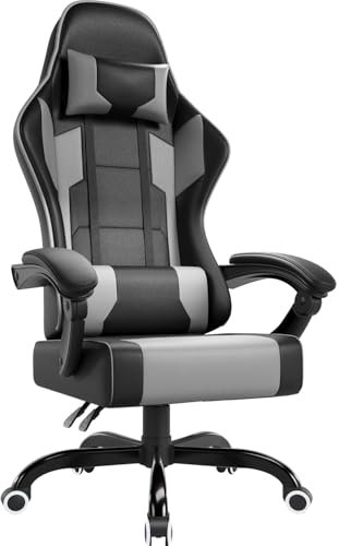 Airfish Bürostuhl Ergonomisch Gaming Stuhl Massage Gaming Sessel mit Kopfstütze Massage-Lendenkissen, Gepolstert Gaming Chair, Drehsessel,150kg Kapazität,Gray