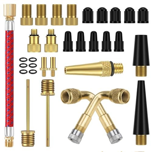 32 STK Fahrradventil Adapter Set, Ventiladapter Französisches Ventil Adapter DV SV auf AV, Messing Tubeless Sclaverand Dunlopventil auf Autoventil mit Dichtring, Fahrrad Zubehör