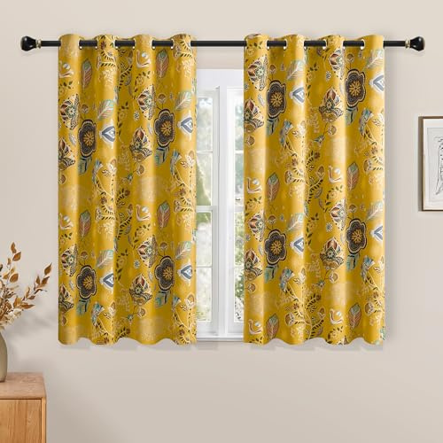 XiDi Senfgelbe Verdunkelungsvorhänge mit Blumenmuster, wärmeisoliert, geräuschreduzierend, botanische Blume, Blätter, Bedruckt, Moderne Bauernhaus-Ösen, Fensterbehandlung, 160 cm Länge, 2 Paneele