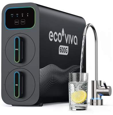 Ecoviva E6 Filtre à eau par osmose inverse compact et fin, filtre sous l'évier de 600 GPD avec robinet, système RO sans réservoir à 9 étapes, réduit le TDS, design compact pour tout espace de cuisine