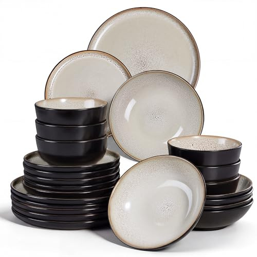 Homikit Geschirrset 6 Personen, Steinzeug Geschirr 24er Set, Flecken Khaki | Reaktive Glasur Tafelservice mit Speiseteller Dessertteller Suppenteller, Müslischalen, Mikrowellen & Spülmaschinenfest