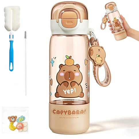 SGZIOO Capybara Water Bottle, 510ml Capybara Drinking Bottle With Lid & Keychain, Cute Water Bottle with Silicone Straw, Heat Resistant, Portable Kids Water Bottle for Office Outdoor Travel School