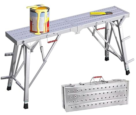 Heavy Duty Folding Scaffold Stool, Adjustable Height Platform, 1.2mm Steel Plate, Galvanized Frame, 200kg Max Load, Non-Slip Feet, Portable Work Bench for Drywall & Car Cleaning(L:200cm)