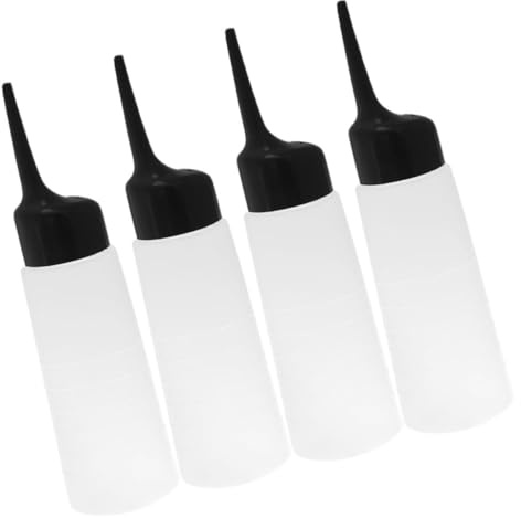 Flacon Applicateur de Teinture 4 Pièces en Plastique Gradué pour Cheveux | Bec Incliné, Corps Transparent, Quantité Visible, Usage Salon, pour Teinture Capillaire et Shampoing