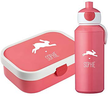 4ou Design Mepal Set Brotdose & Trinkflasche personalisiert mit Namen – Silhouette Hase pink – Auslaufsicher, Bento Einsatz rausnehmbar, inkl. Snackgabel – BPA frei – Geschenk für Kinder