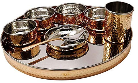 Service de table indien en cuivre et acier inoxydable avec assiettes, bols, gobelets, couverts (design 2)