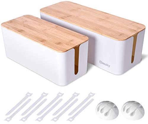 2 Pack Large Cable Management Box – Wooden Style Cord Organizer Box and Cover for TV Wires, Computer, Router, USB Hub and Under Desk Power Strip – Safe ABS Material and Baby-Pets Proof Lock (White)