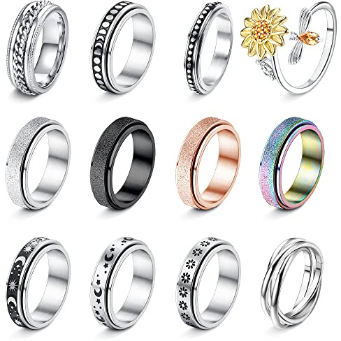 FASACCO 12 st spinner-ringar för ångest för kvinnor män rostfritt stål fidgetring anti-ångestring måne stjärna blomma stressavlastande ringar, rostfritt stål, rostfritt stål