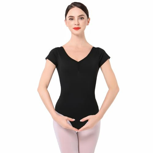 IMEKIS Damen Ballettanzug Kurzarm V-Ausschnitt Ballett Trikot Blumenspitze Rückenfrei Tanzbody Gymnastikanzug Einfarbig Gymnastik Ballerina Top Tanzbekleidung Schwarz XXL