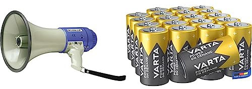 MONACOR TM-25 Megafon, 25W, Weiß, Blau & VARTA Batterien C Baby, 20 Stück, Power on Demand, Alkaline, Vorratspack, smart, flexibel, leistungsstark, ideal für Computerzubehör