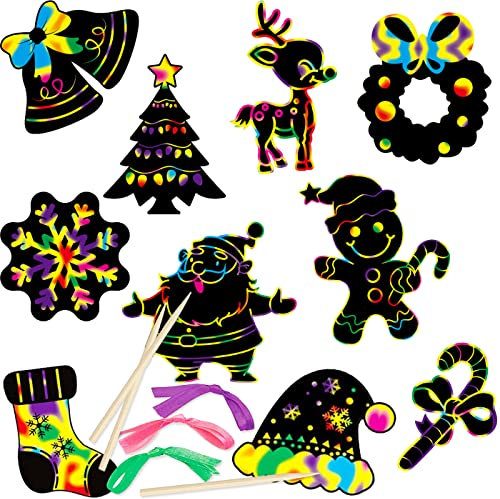 DERAYEE 48 Stück Weihnachten Kratzbilder,Weihnachten Kratzpapier Set,Regenbogen Scratch Art mit 12 Holzstiften und 48 Bunte Bändern für Weihnachten Kinder Geschenk