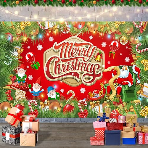 Frohe Weihnachten Deko Banner, Rot Merry Christmas Weihnachtsdeko Banner mit Weihnachtsmann Zwerg Geschenken Muster, Weihnachtsbanner Outdoor für Außen Innen Wand Neujahr Weihnachts Party Dekoration