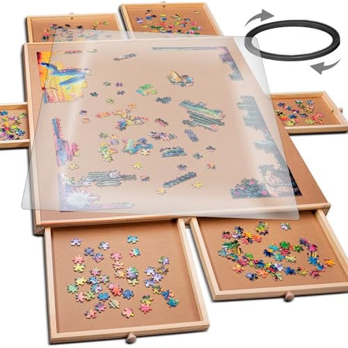 PLAYVIBE 1500 Piece Rotating Wooden Jigsaw Puzzle Table - 6 Drawers, Puzzle Board with Puzzle Cover | 27” X 35” Jigsaw Puzzle Board Portable - Portable Puzzle Table, PV006R