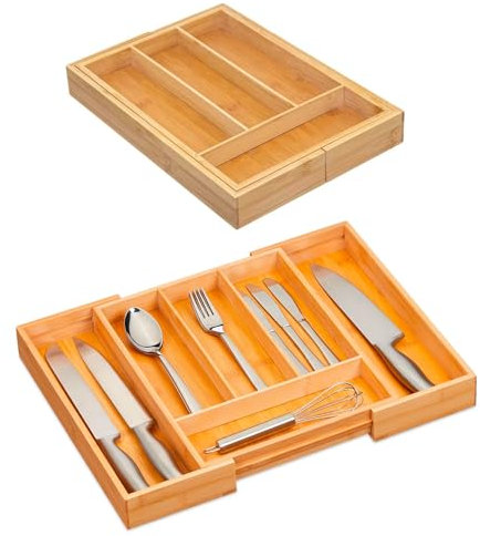Avilia Vassoio Portaposate Estendibile in Bambù - Organizer Adattabile da Cassetto con 6 Scomparti, 12x35 a 45cm, Design Elegante e Naturale