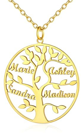 Custom4U Collier Pendentif Arbre de Vie 4 Prénoms Gravure Or Pendentif avec 4 Noms d'arbre Généalogique à Graver Bijoux Originale pour Femme Fille