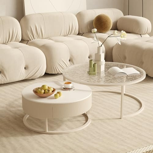 SBCWH Table Basse Gigogne Ronde avec Tiroirs, Tables D'appoint Modernes avec Plateau en Verre et Cadre en Métal, Tables Gigognes pour Petit Espace, Salon, Chambre à Coucher (Color : White Frame - Typ