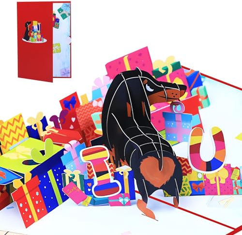 YianHien Dachshund Pop-Up Karte für Frau Mann, 3D Niedlich Hund Karte für Liebhaber Geburtstag Hochzeitstag Jahrestag Verlobung Weihnachten Neujahr, Lustige Dachshund Geburtstagskarte, Love You