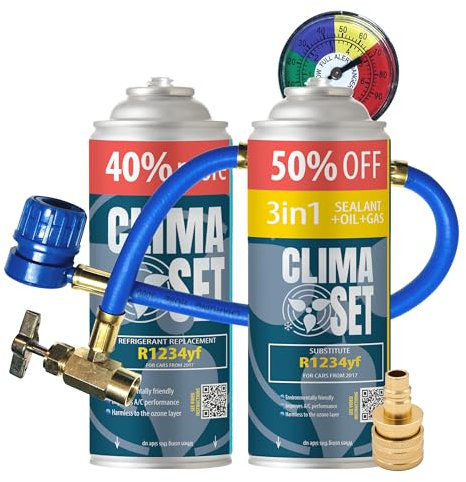 ClimaSet Recambio gas R1234yf - 1x235 g - Kit recarga aire acondicionado coche + R1234yf 3in1-1x 235 g - con manguera y adaptador manometro - Gas aire acondicionado coche - ECO