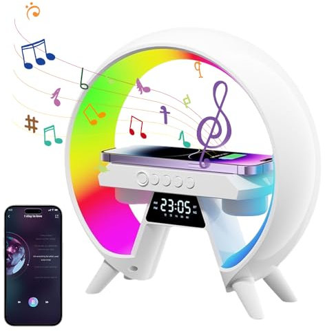HOVCEH Nachttischlampe mit Ladefunktion, led Nachttischlampe, 13 Modi Atmosphärenlampe, Intelligent LED Tischlampe, Nachttischlampe mit Kabellosem Ladegerät, Bluetooth Lautsprecher, Uhr, Radio