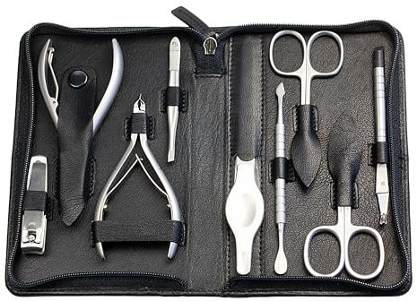 Sonnenschein by Hans Kniebes | Maniküre Set 9 teilig | Nagelschere, Hautschere, Nagelzange, Hautzange, Knipser, Pinzette, Feile | Manikcure-Etui Nappa-Schafleder schwarz