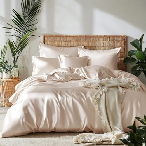 Lanqinglv Bettwäsche 220x240 cm aus 100% Bambus Lyocell,Beige Mako Satin Bettwäsche Set Kühlende mit Reißverschluss,Oeko-TEX Zertifiziert,Luxus Glatt Bettbezug 220x240 und 2 Kissenbezug 80x80