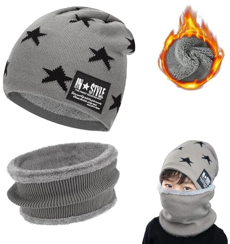Mützen und Schals für Jungen, Mädchen, Babys, Kinder Wintermütze, Weiche Baumwolle Warme Strickmützen und Schals für Herbst Winter Frühling, Unisex Kinder Beanie Mütze Schlauchschal Set, Grau