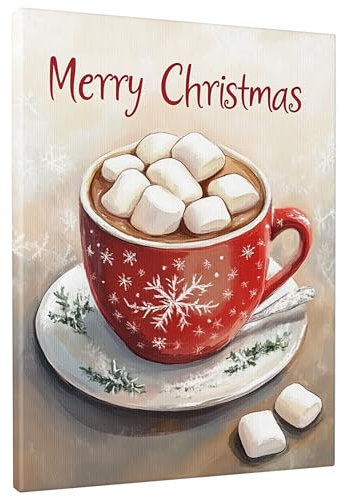 Taza de Feliz Navidad, lienzo para pared, impresión de cacao rojo vivo, decoración de bebidas de vacaciones de invierno para sala de estar, dormitorio, sin marco, 8 x 12 pulgadas