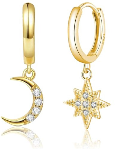 1 Paar Vergoldet Ohrstecker Set Damen, Mond und Die Sterne Zirkonia Ohrringe, Hypoallergene Ohrring-Sets für Damen, Kleine Hoops und Hängende Knorpelohrringe