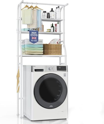 Washing Machine and Toilet Storage, Over The Washer and Dryer Storage Shelf, 3 Tier Laundry Room Metal Drying Rack with Towels Hangers, Space Saver Organizer for Clothes Towels (White Metal BV1)