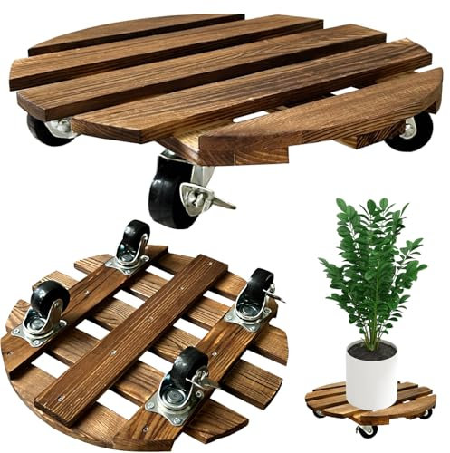 YHZMZHY 2 Pack 30cm Wooden Plant Caddy with Wheels, Heavy Duty Round Rolling Plant Stand with Metal Lockable Casters, Mobile Plant Holder for Indoor Outdoor Garden, Flower Pot Trolley