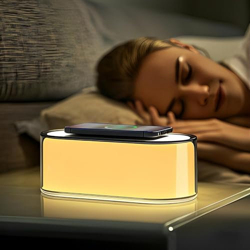 HOURUNTALL Nachttischlampe mit ladefunktion,Touch Dimmbar Nachtlicht 15W Wireless Charger,LED Tischlampe mit 4 Stufige Helligkeit Minimalistische für Schlafzimmer Wohnzimmer Büro