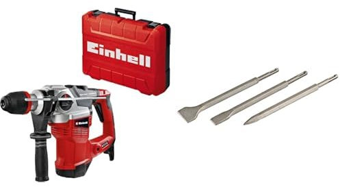 Einhell Martillo perforador TE-RH 38 3F 1050W, intensidad de impacto 9J, recepción SDS-Max, tope de profundidad de perforación de metal, potencia de perforación 38mm en hormigón + Set de cinceles SDS