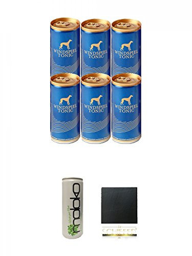 Windspiel Tonic Water 0,2l Dose 6 Stück + Moloko Softdrink 0,25 Liter + Schiefer Glasuntersetzer eckig ca. 9,5 cm Durchmesser