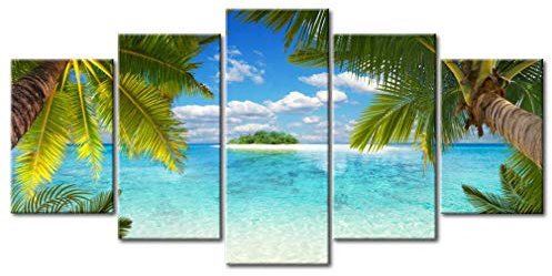 decomonkey - Impression sur Toile Île 200x100 5 Pièces - Tableau Décoration Appartement Cadre en Bois Déco Salon Peinture sur Toile Paysage été mer nature ciel palmiers paysage plage eau îles