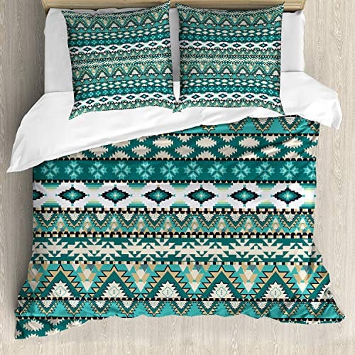 ABAKUHAUS Ethnisch Bettwäsche Set für Doppelbetten, Aztec Entwurf, Weicher Microfaserstoff Allegigeignet kein Verblassen, Teal Turquoise Tan