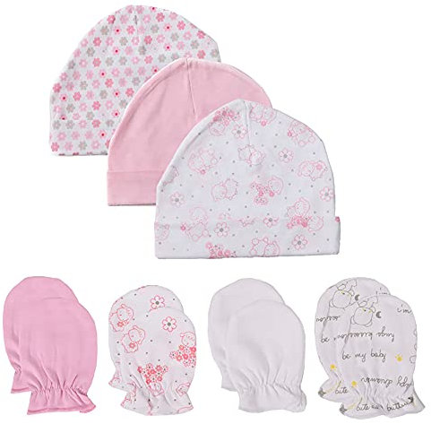 Chamie Baby-Mütze und Fäustlinge, Set für Neugeborene,Mützen und Fäustlinge, für Babys, Jungen und Mädchen, 0–6 Monate, 100% Baumwolle