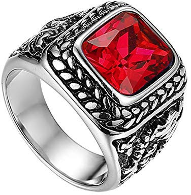Flongo Herrenring Männer Ringe Daumenring Bandring Siegelring mit Glas Edelstein Silber Rot Drache Schnitzerei Klassiker Charm Herren-Accessoires Größe 62